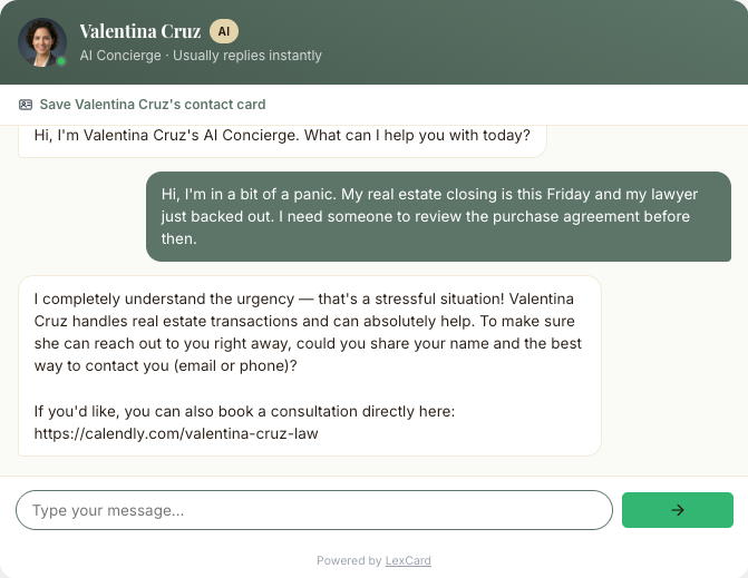 A real AI Concierge chat with a prospective client describing an urgent closing issue, with the assistant responding and sharing a booking link