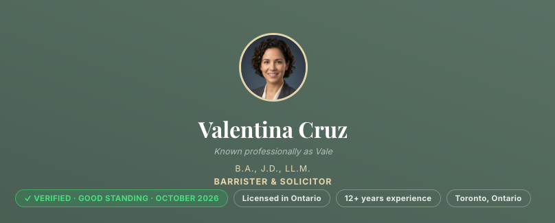 A close-up of the top of Valentina Cruz's LexCard business card, showing her photo, name, and the Verified · Good Standing badge