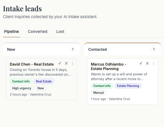 The Intake Leads pipeline board, showing client inquiries sorted by stage, with a High urgency flag on one lead