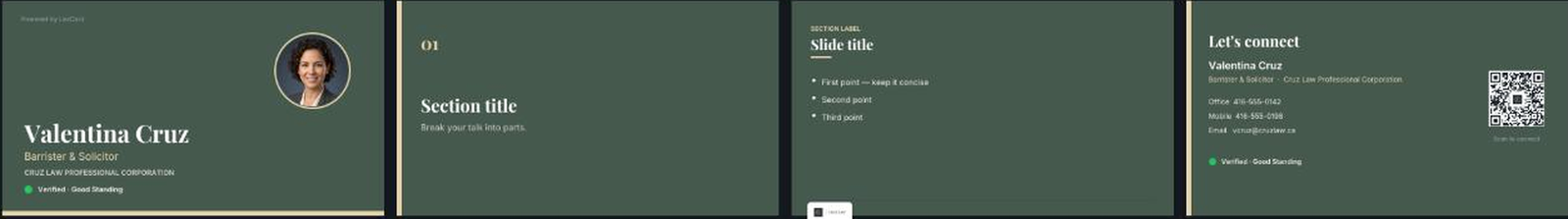 A four-slide branded PowerPoint template generated from Valentina Cruz's card: a title slide, section divider, content slide, and a closing contact slide with QR code