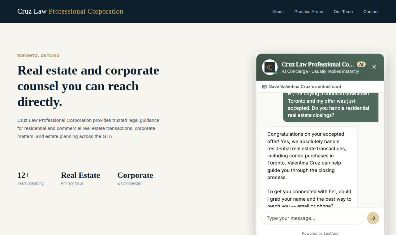 The floating AI Concierge chat widget installed on Cruz Law's own website, mid-conversation with a prospective client asking about a condo purchase closing